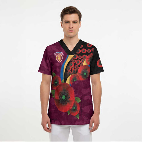 Brisbane Lions ANZAC Personalised Scrub Top Lest We Forget Poppy Camo