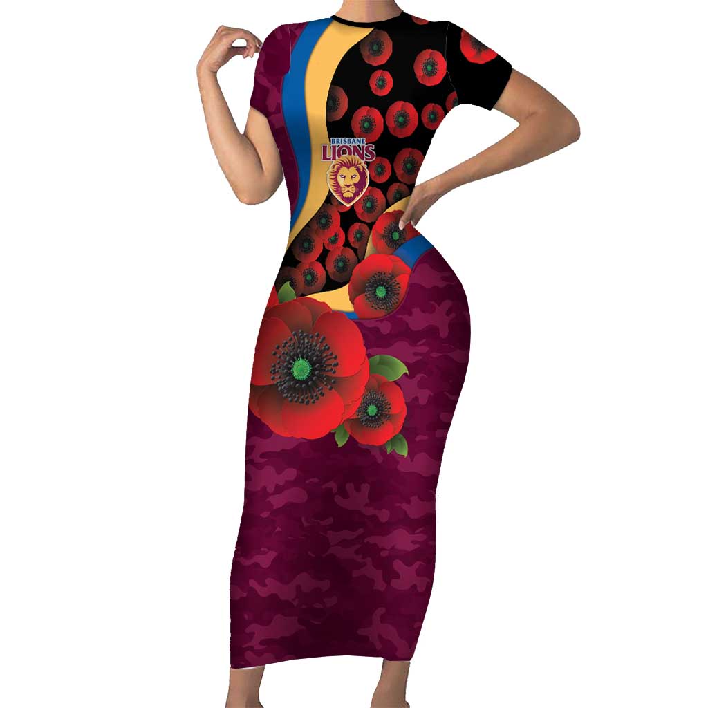Brisbane Lions ANZAC Personalised Short Sleeve Bodycon Dress Lest We Forget Poppy Camo