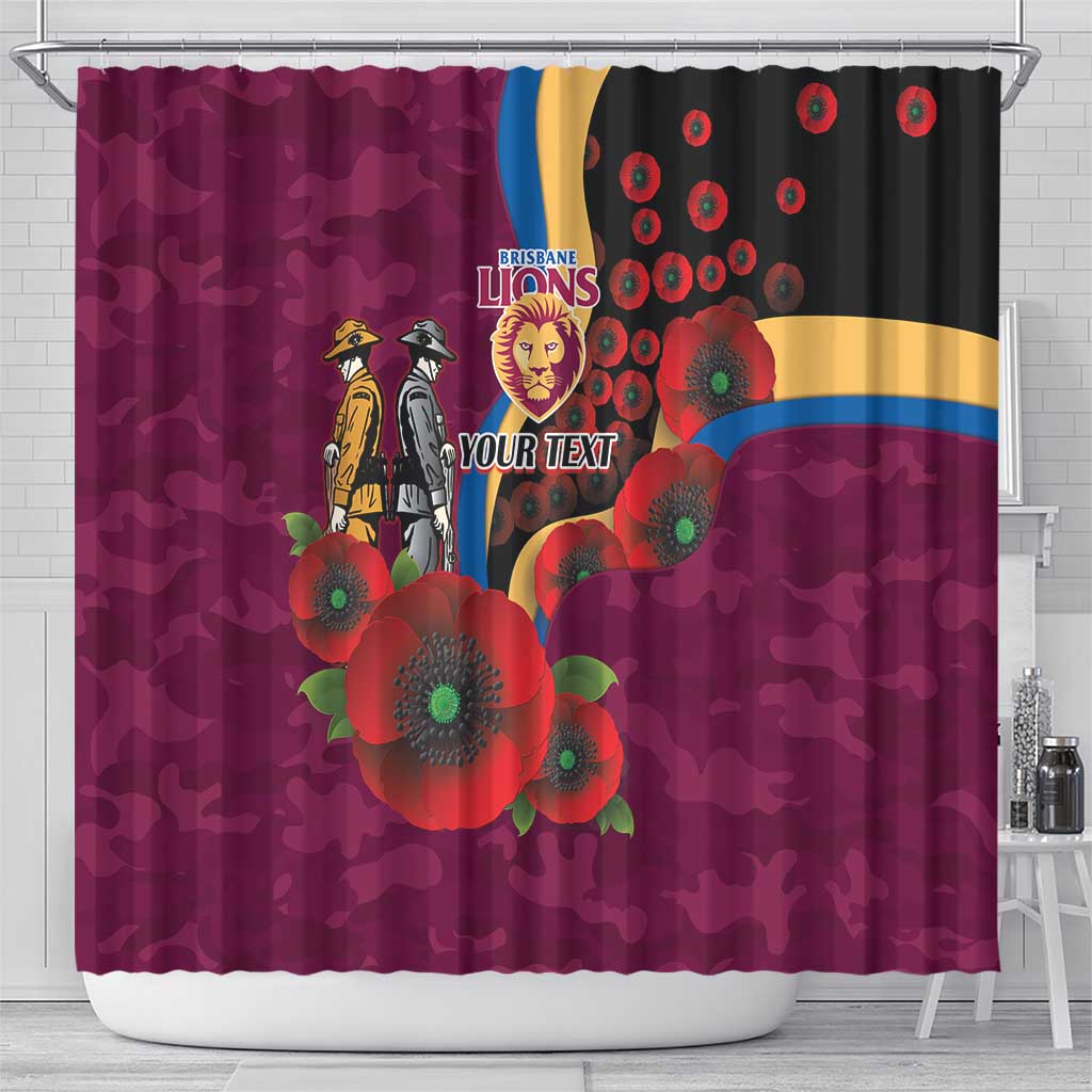 Brisbane Lions ANZAC Personalised Shower Curtain Lest We Forget Poppy Camo