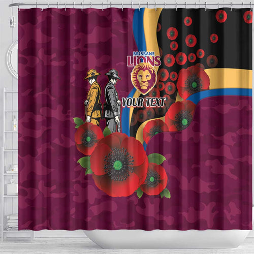 Brisbane Lions ANZAC Personalised Shower Curtain Lest We Forget Poppy Camo