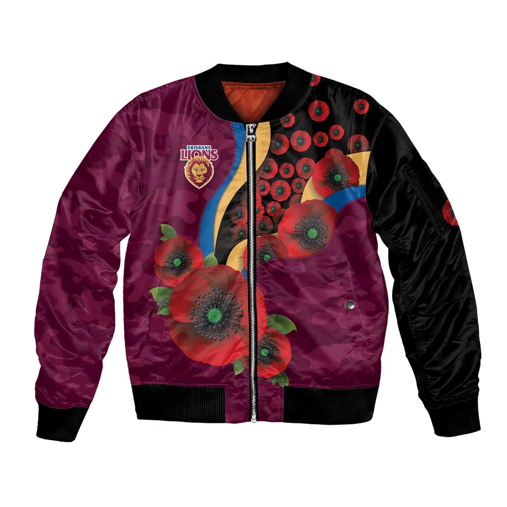 Brisbane Lions ANZAC Personalised Sleeve Zip Bomber Jacket Lest We Forget Poppy Camo