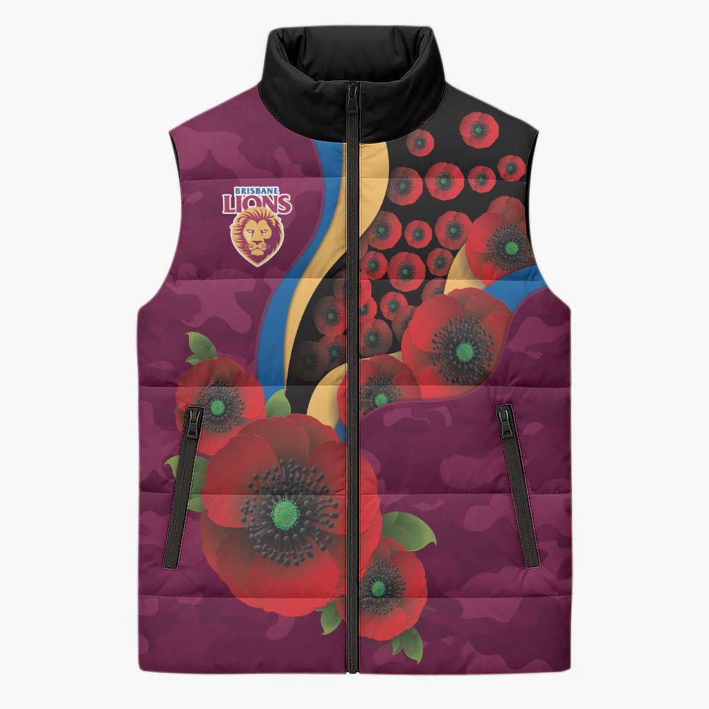 Brisbane Lions ANZAC Personalised Sleeveless Puffer Jacket Lest We Forget Poppy Camo