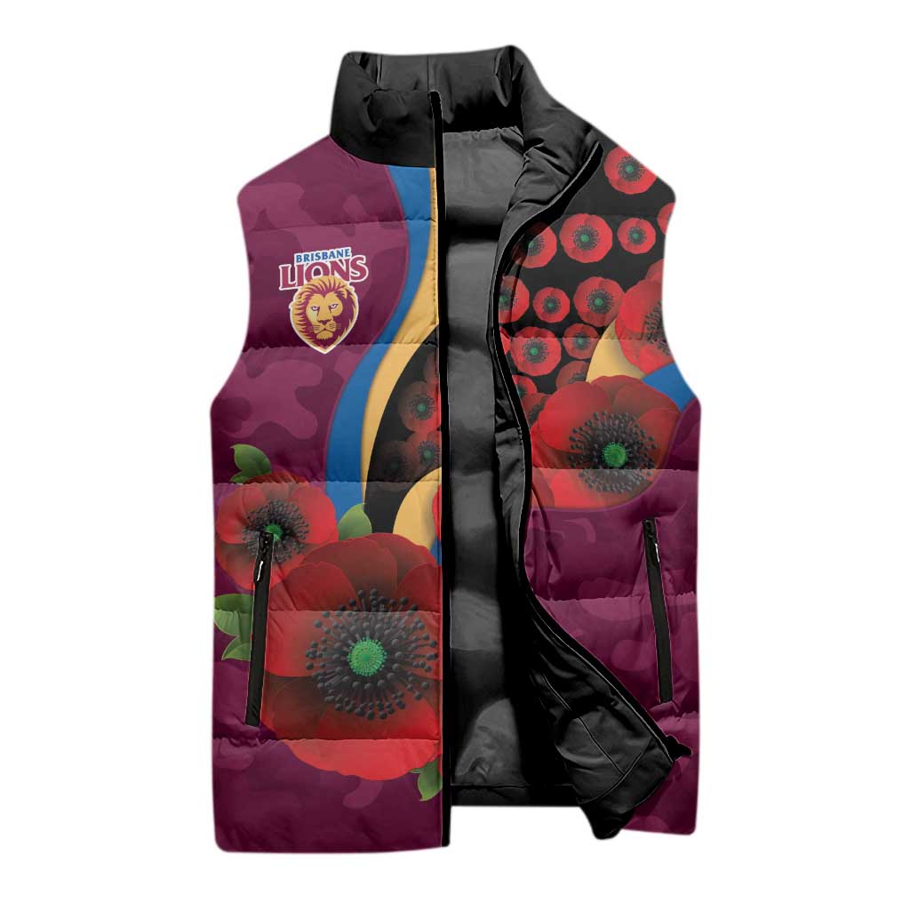 Brisbane Lions ANZAC Personalised Sleeveless Puffer Jacket Lest We Forget Poppy Camo