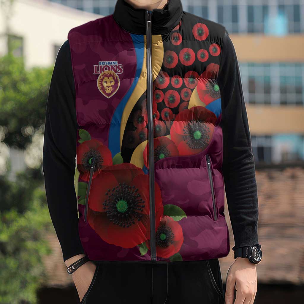 Brisbane Lions ANZAC Personalised Sleeveless Puffer Jacket Lest We Forget Poppy Camo
