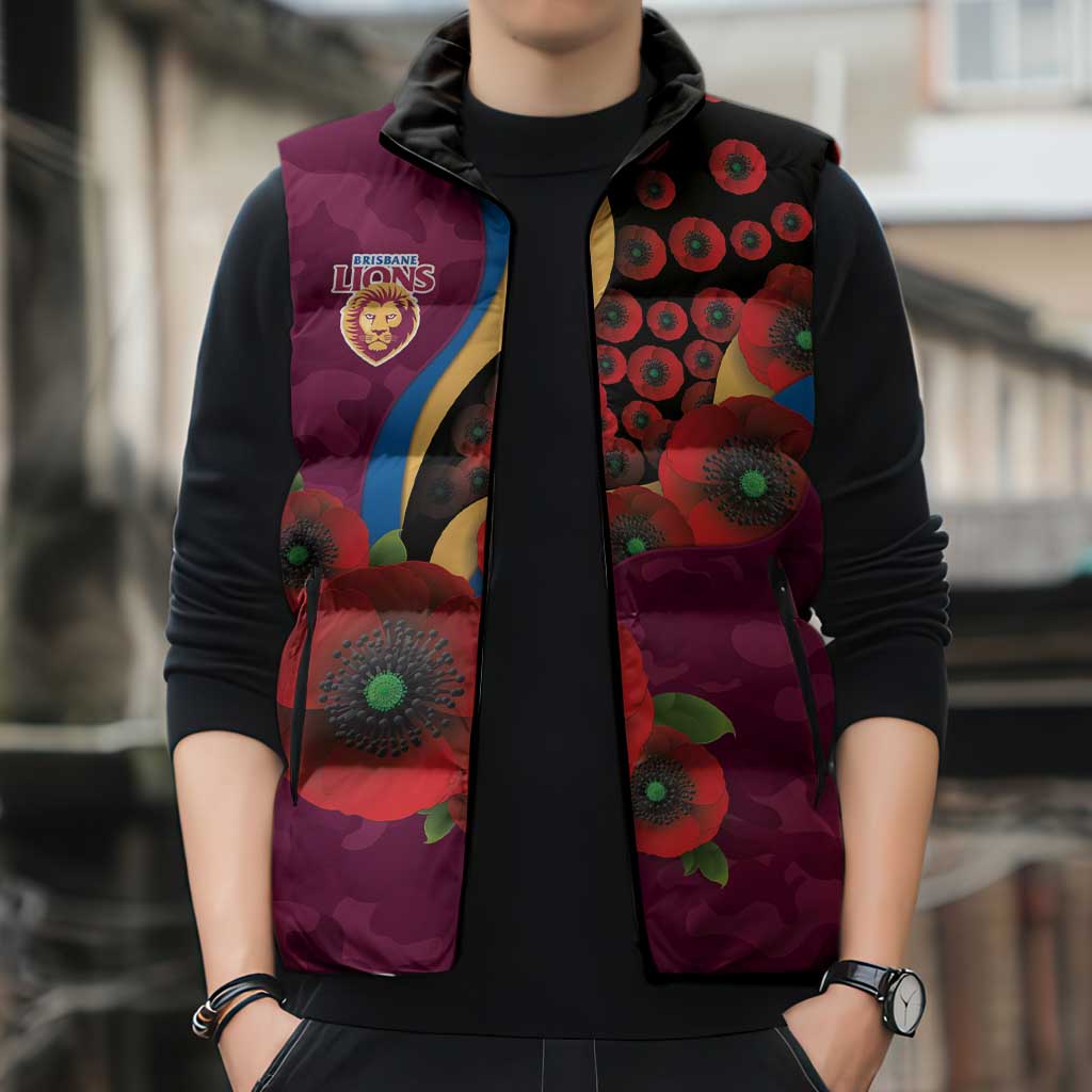 Brisbane Lions ANZAC Personalised Sleeveless Puffer Jacket Lest We Forget Poppy Camo