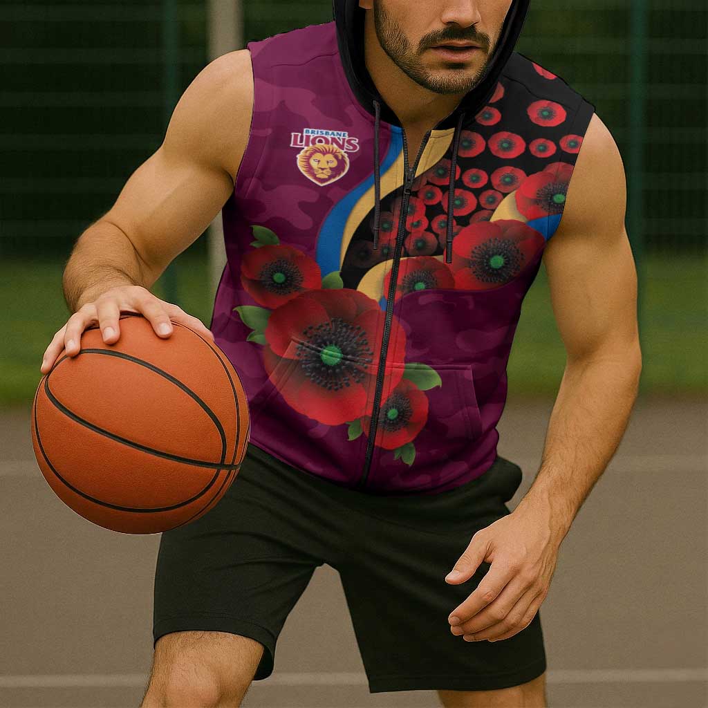 Brisbane Lions ANZAC Personalised Sleeveless Zip Hoodie Lest We Forget Poppy Camo