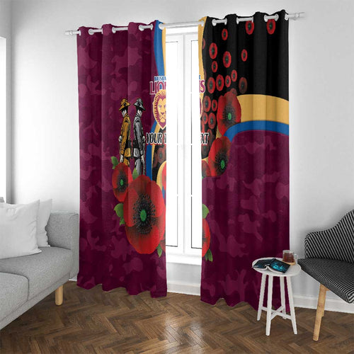 Brisbane Lions ANZAC Personalised Window Curtain Lest We Forget Poppy Camo