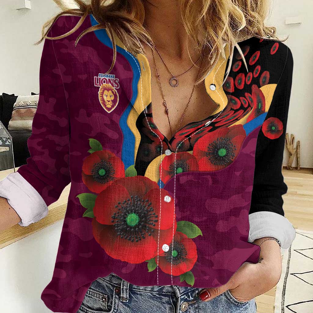 Brisbane Lions ANZAC Personalised Women Casual Shirt Lest We Forget Poppy Camo