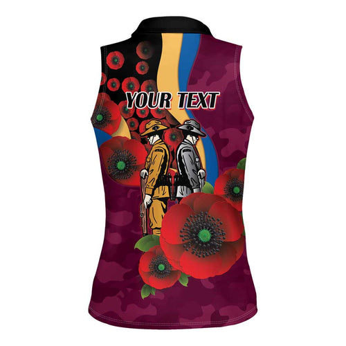 Brisbane Lions ANZAC Personalised Women Sleeveless Polo Shirt Lest We Forget Poppy Camo