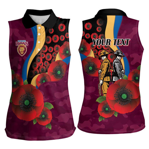 Brisbane Lions ANZAC Personalised Women Sleeveless Polo Shirt Lest We Forget Poppy Camo