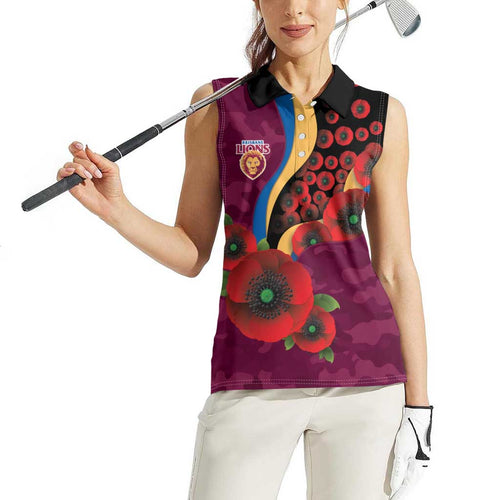 Brisbane Lions ANZAC Personalised Women Sleeveless Polo Shirt Lest We Forget Poppy Camo