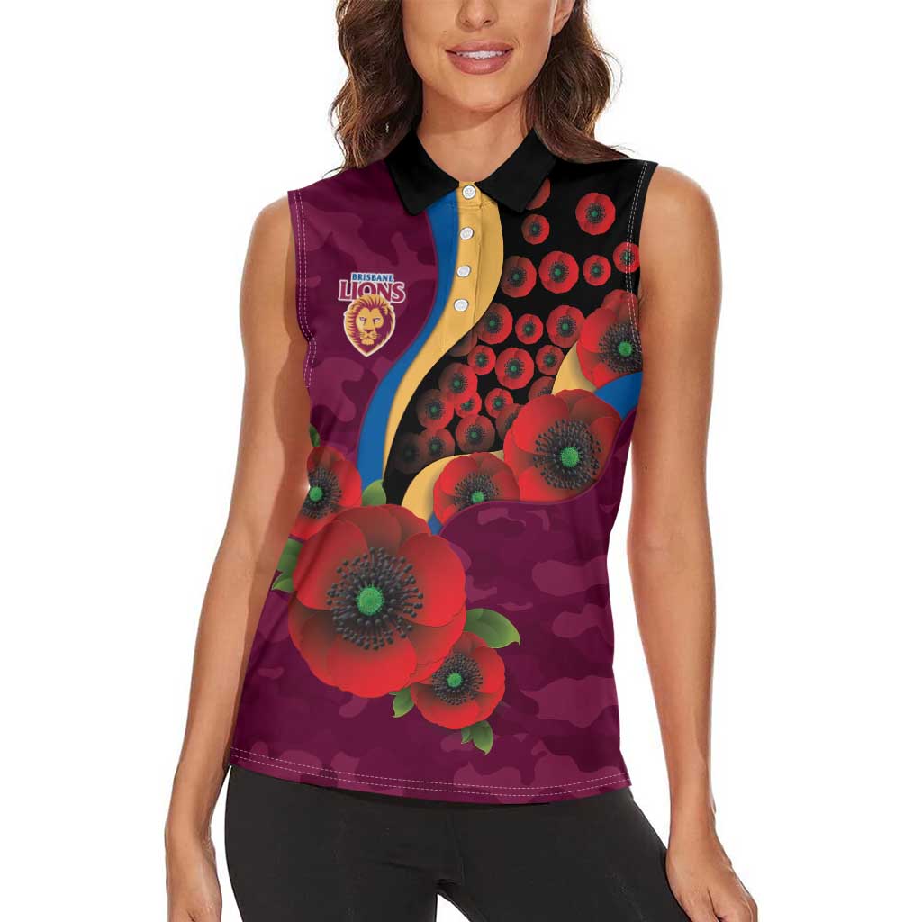 Brisbane Lions ANZAC Personalised Women Sleeveless Polo Shirt Lest We Forget Poppy Camo