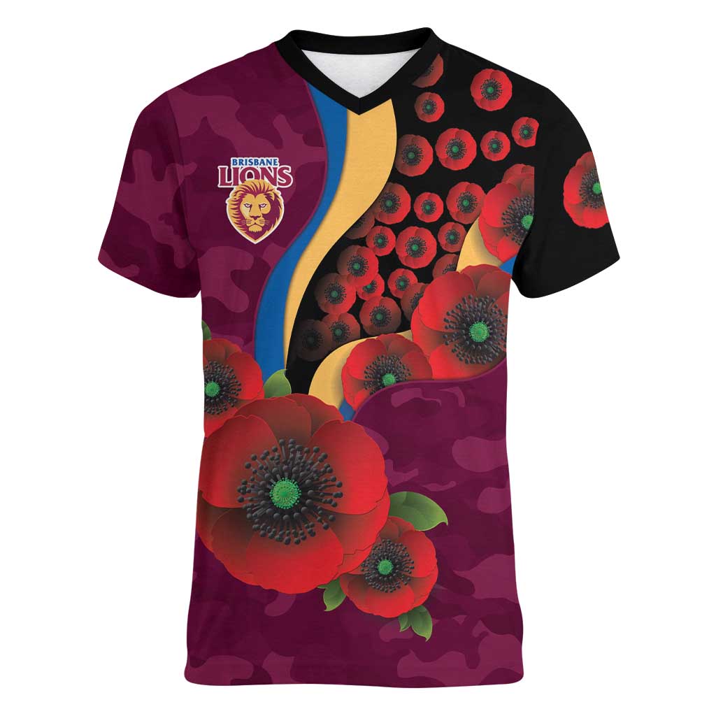 Brisbane Lions ANZAC Personalised Women V-Neck T-Shirt Lest We Forget Poppy Camo