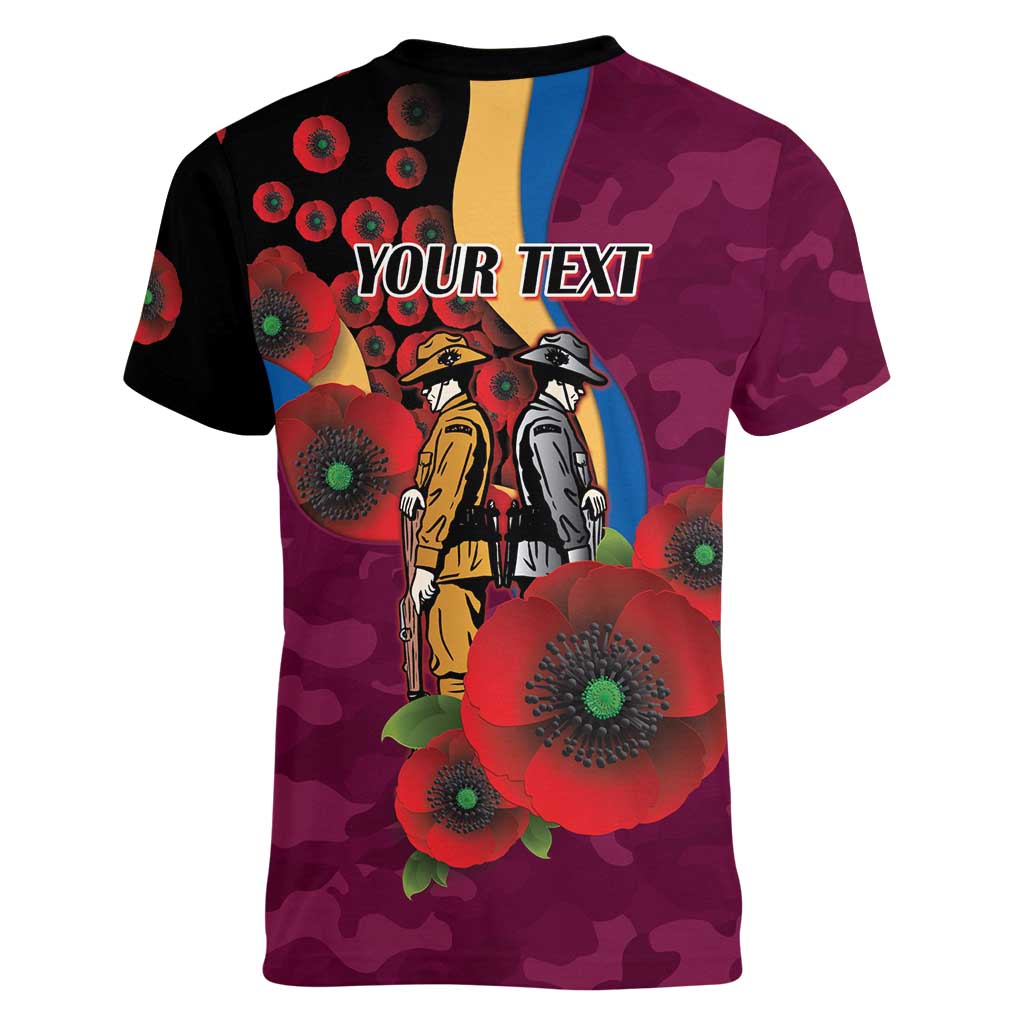 Brisbane Lions ANZAC Personalised Women V-Neck T-Shirt Lest We Forget Poppy Camo
