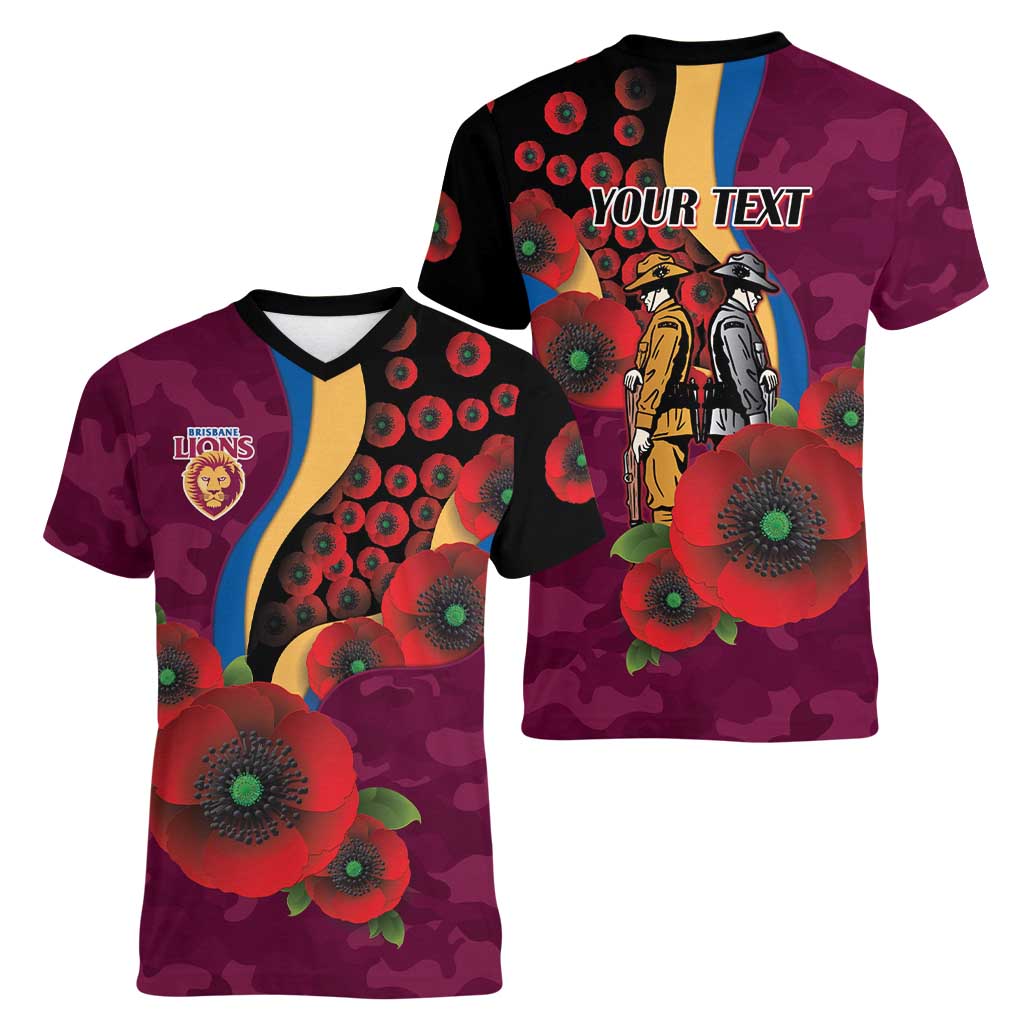 Brisbane Lions ANZAC Personalised Women V-Neck T-Shirt Lest We Forget Poppy Camo