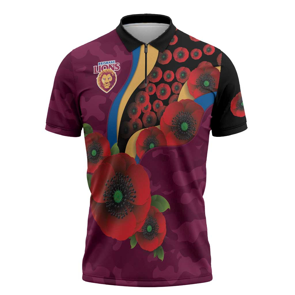 Brisbane Lions ANZAC Personalised Zipper Polo Shirt Lest We Forget Poppy Camo