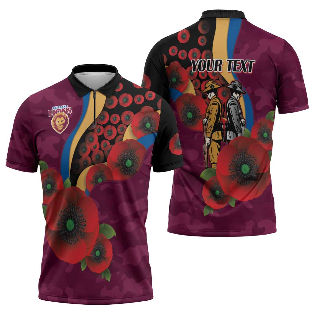 Brisbane Lions ANZAC Personalised Zipper Polo Shirt Lest We Forget Poppy Camo