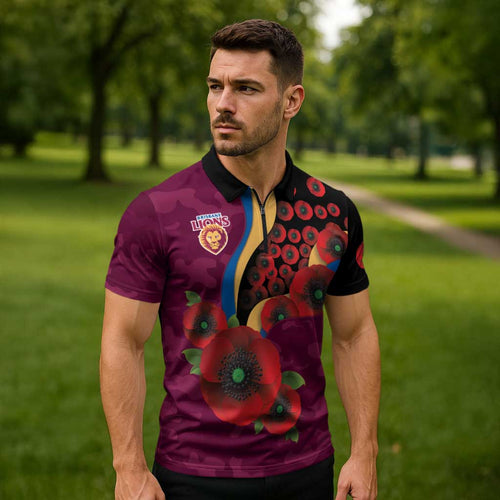 Brisbane Lions ANZAC Personalised Zipper Polo Shirt Lest We Forget Poppy Camo