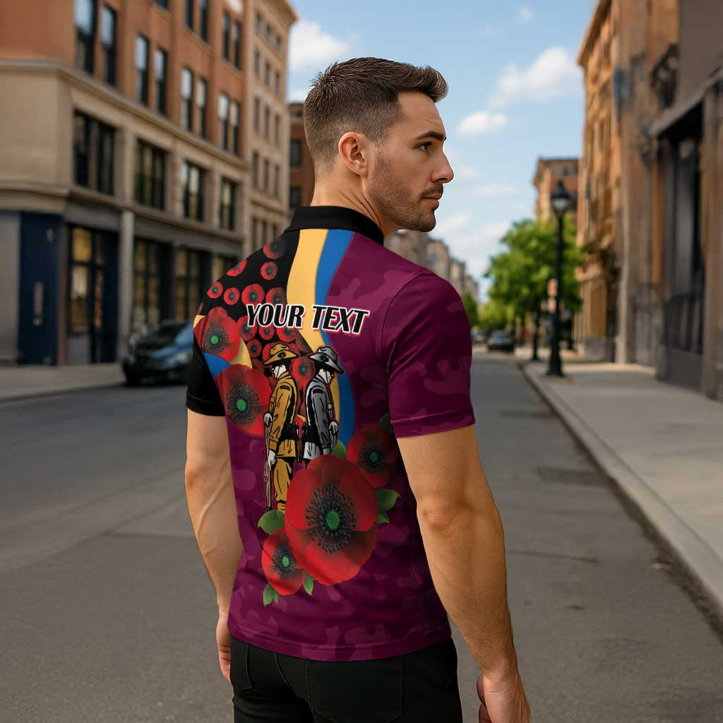 Brisbane Lions ANZAC Personalised Zipper Polo Shirt Lest We Forget Poppy Camo