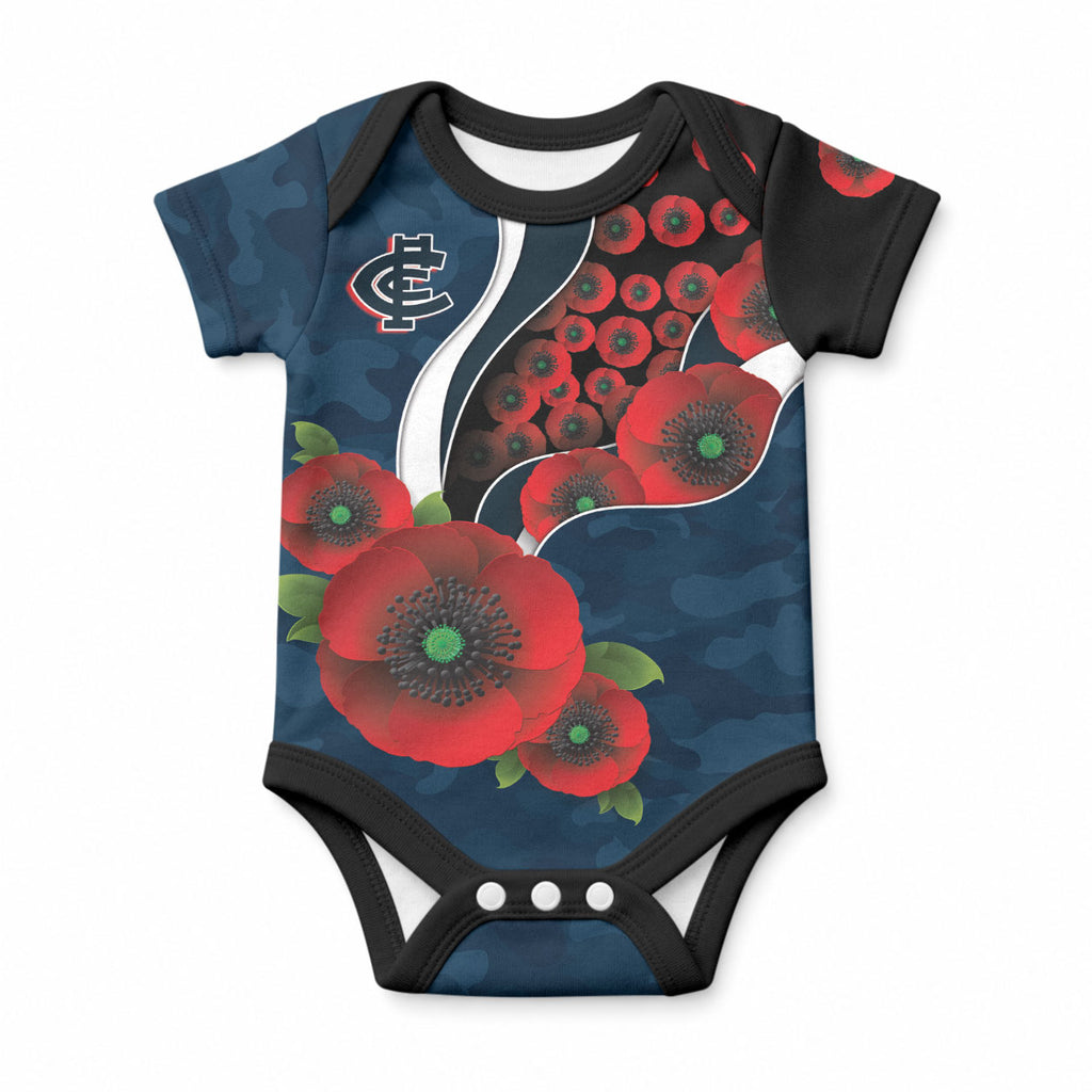 Carlton Blues ANZAC Personalised Baby Onesie Lest We Forget Poppy Camo