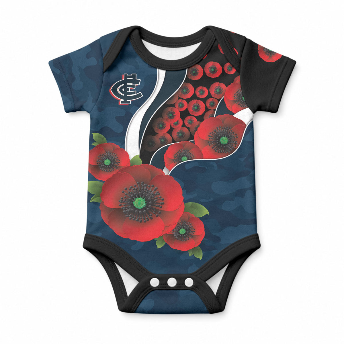 Carlton Blues ANZAC Personalised Baby Onesie Lest We Forget Poppy Camo