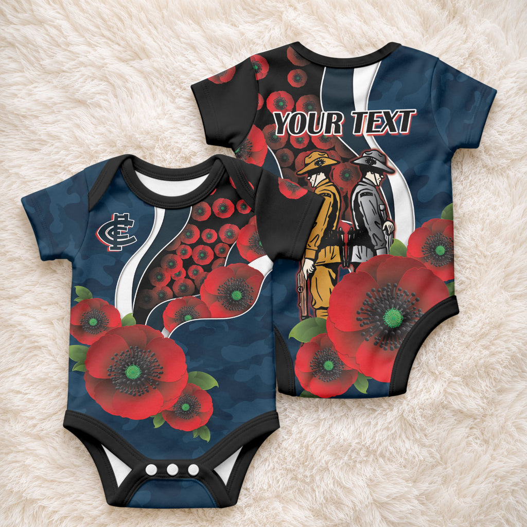 Carlton Blues ANZAC Personalised Baby Onesie Lest We Forget Poppy Camo
