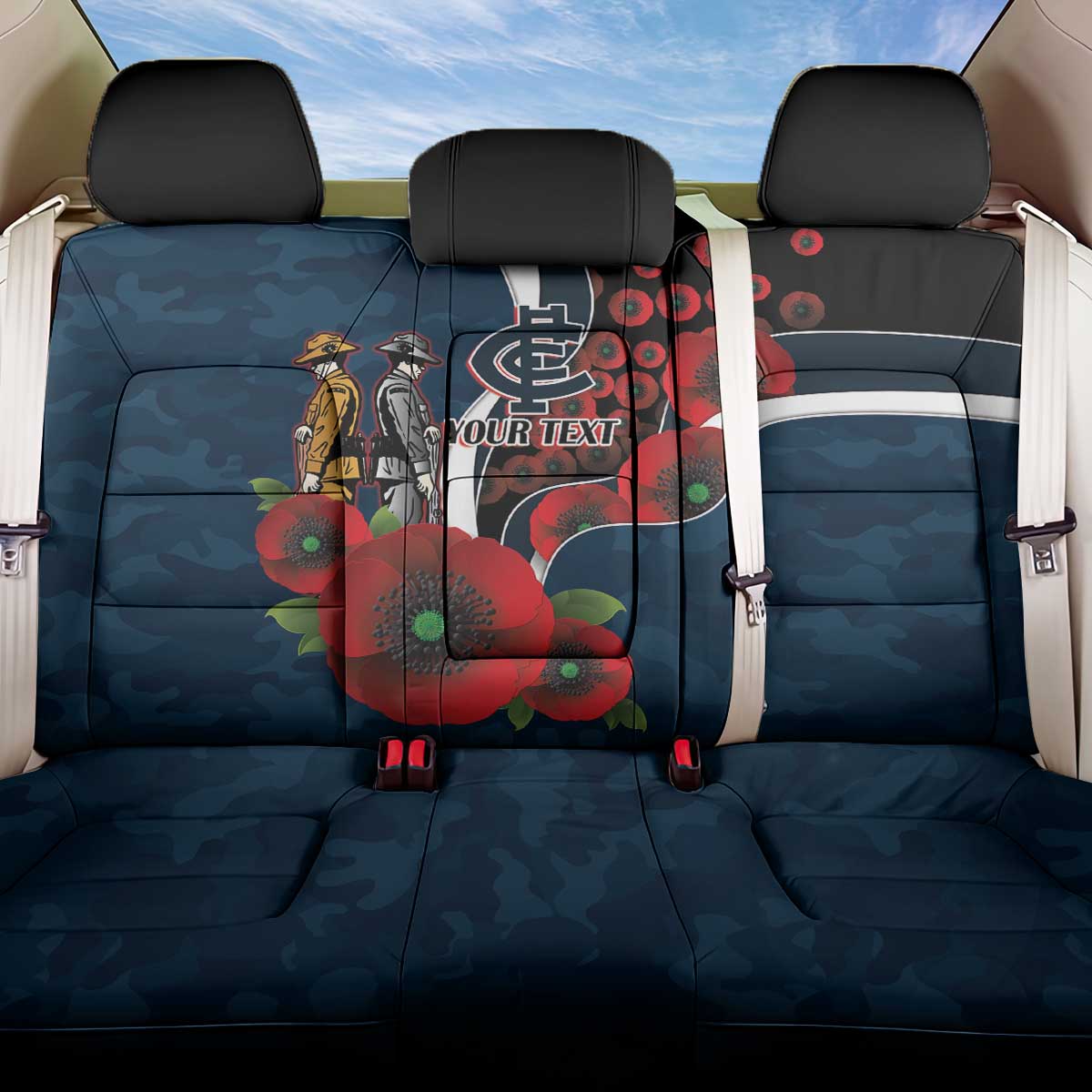 Carlton Blues ANZAC Personalised Back Car Seat Cover Lest We Forget Poppy Camo