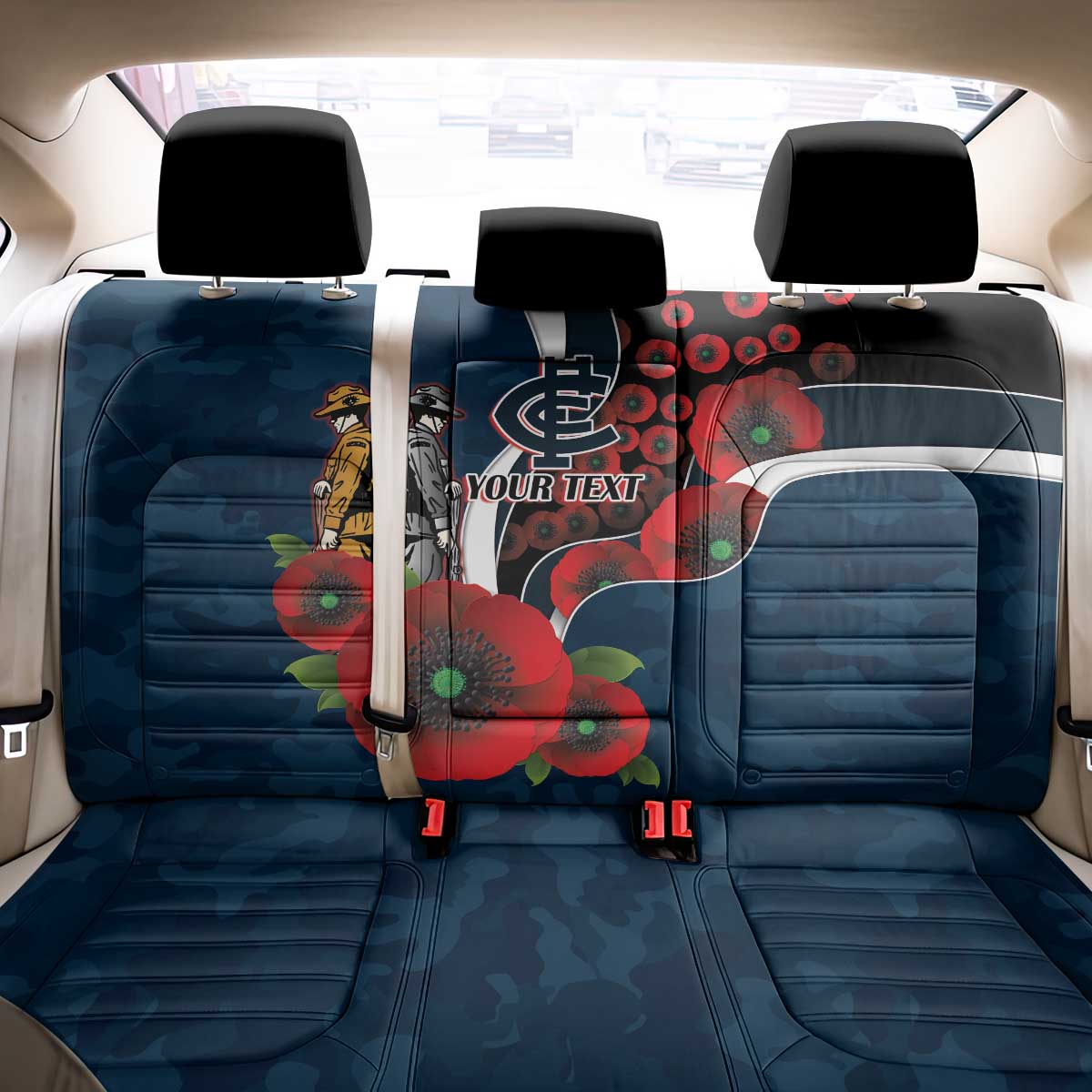 Carlton Blues ANZAC Personalised Back Car Seat Cover Lest We Forget Poppy Camo