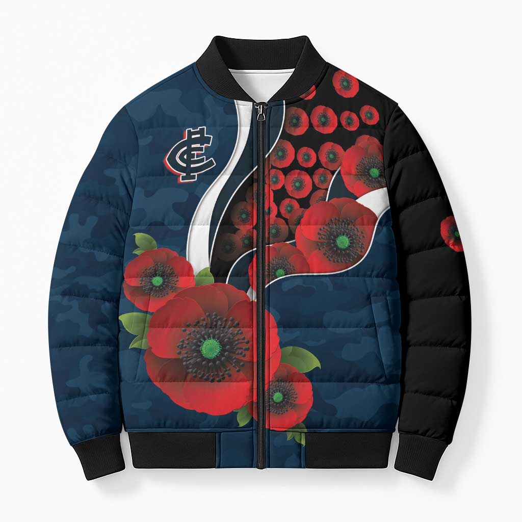 Carlton Blues ANZAC Personalised Bomber Puffer Jacket Lest We Forget Poppy Camo