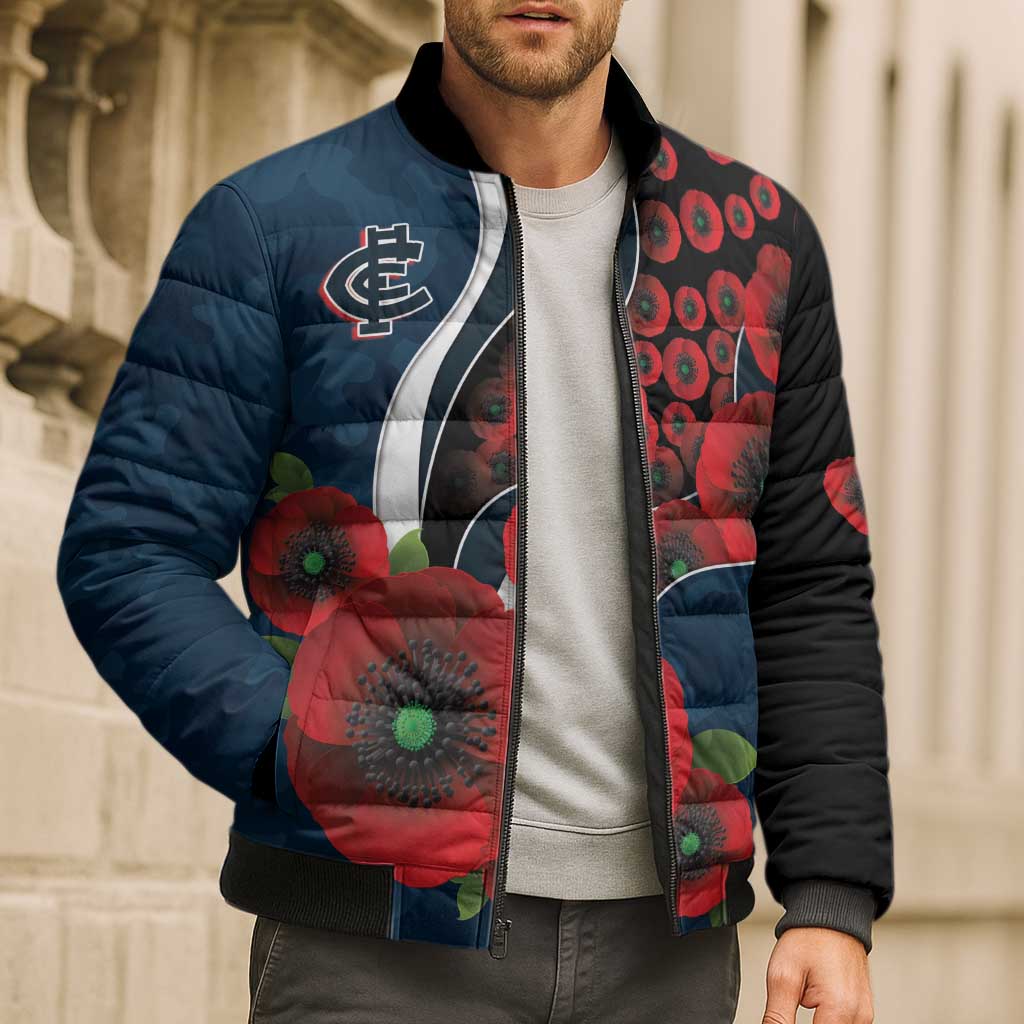 Carlton Blues ANZAC Personalised Bomber Puffer Jacket Lest We Forget Poppy Camo