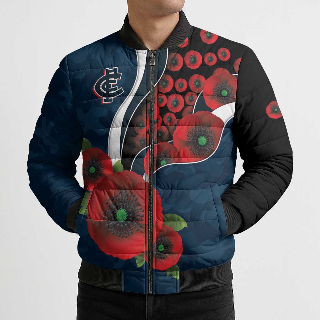 Carlton Blues ANZAC Personalised Bomber Puffer Jacket Lest We Forget Poppy Camo