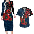 Carlton Blues ANZAC Personalised Couples Matching Long Sleeve Bodycon Dress and Hawaiian Shirt Lest We Forget Poppy Camo
