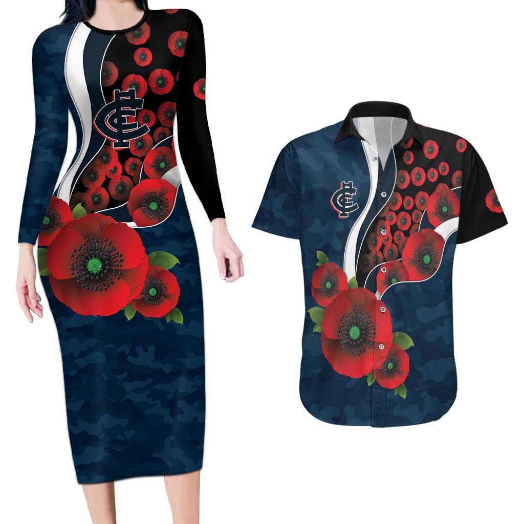 Carlton Blues ANZAC Personalised Couples Matching Long Sleeve Bodycon Dress and Hawaiian Shirt Lest We Forget Poppy Camo