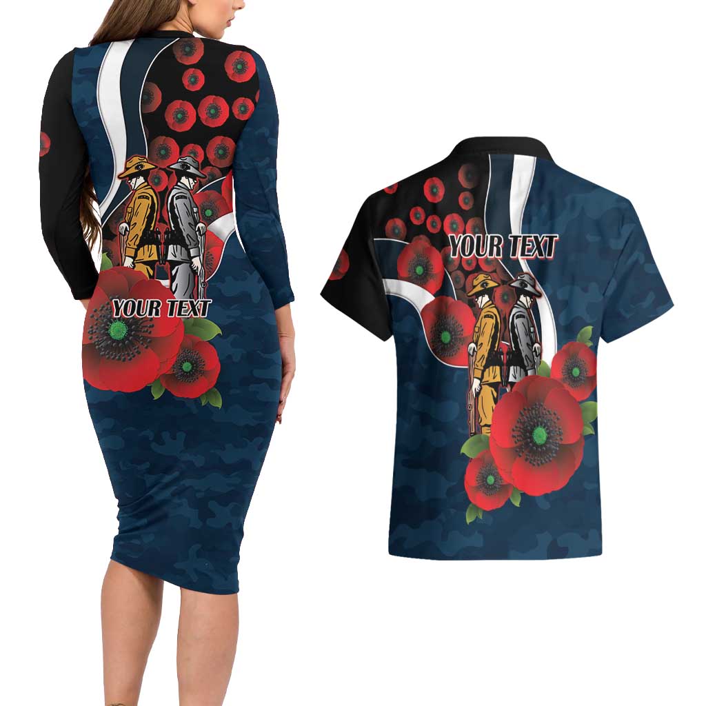Carlton Blues ANZAC Personalised Couples Matching Long Sleeve Bodycon Dress and Hawaiian Shirt Lest We Forget Poppy Camo