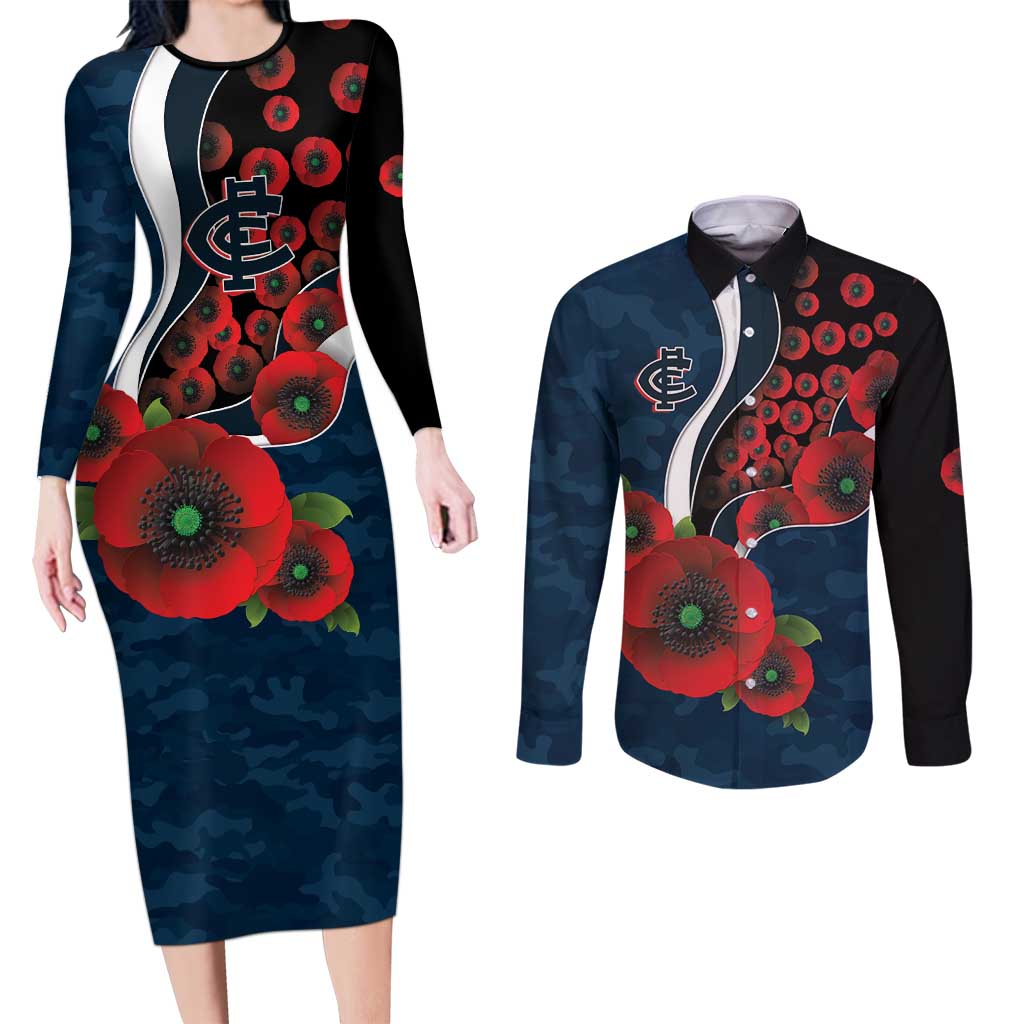 Carlton Blues ANZAC Personalised Couples Matching Long Sleeve Bodycon Dress and Long Sleeve Button Shirt Lest We Forget Poppy Camo