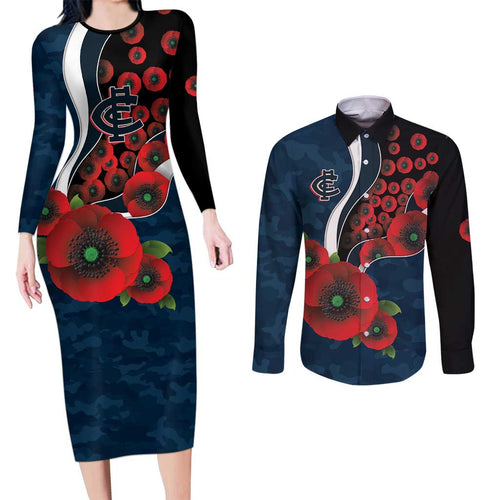 Carlton Blues ANZAC Personalised Couples Matching Long Sleeve Bodycon Dress and Long Sleeve Button Shirt Lest We Forget Poppy Camo