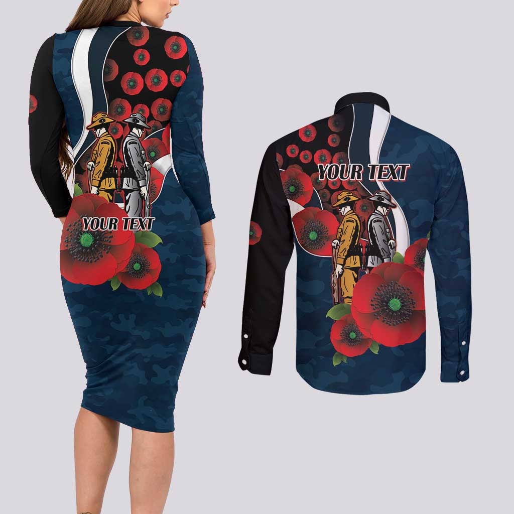 Carlton Blues ANZAC Personalised Couples Matching Long Sleeve Bodycon Dress and Long Sleeve Button Shirt Lest We Forget Poppy Camo