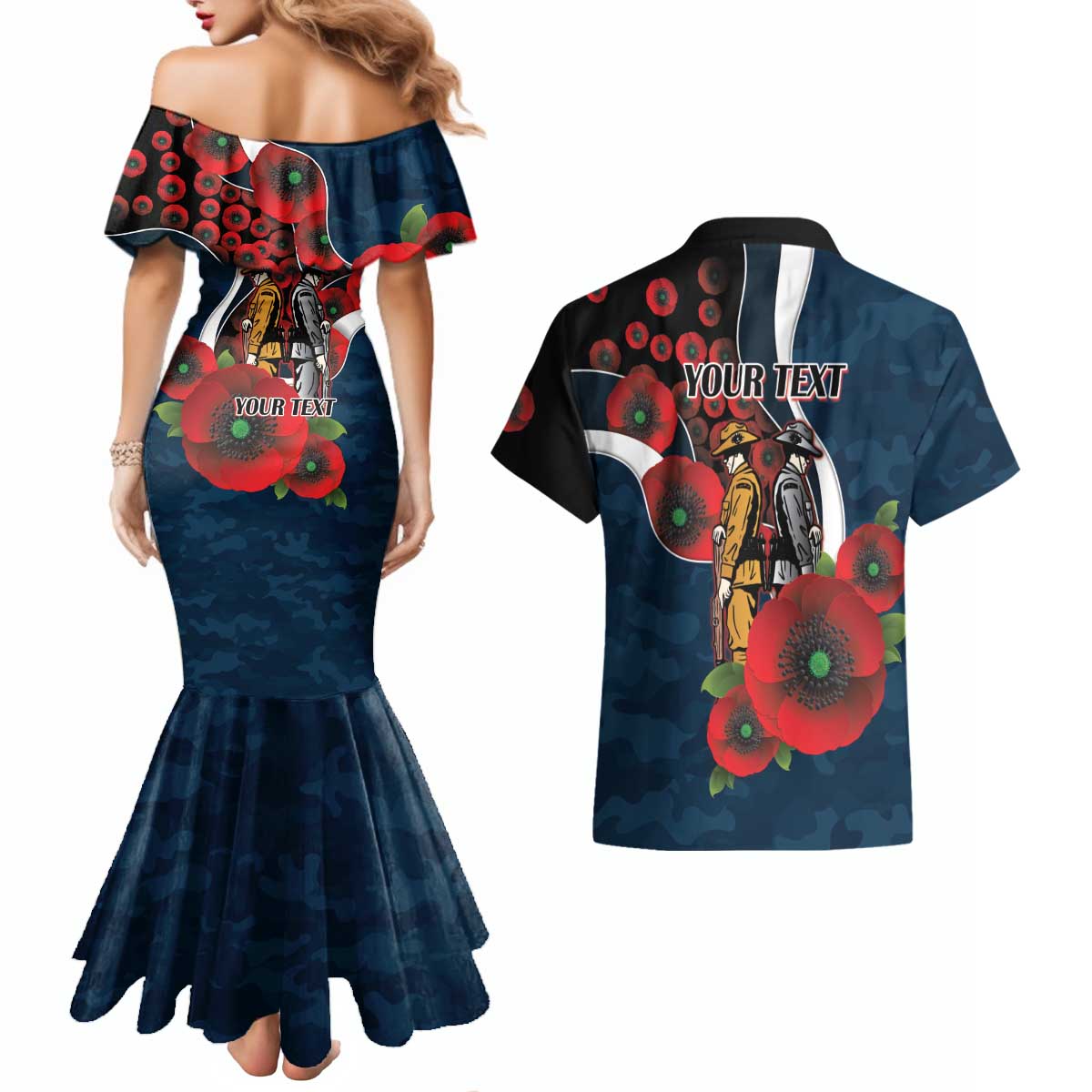 Carlton Blues ANZAC Personalised Couples Matching Mermaid Dress and Hawaiian Shirt Lest We Forget Poppy Camo