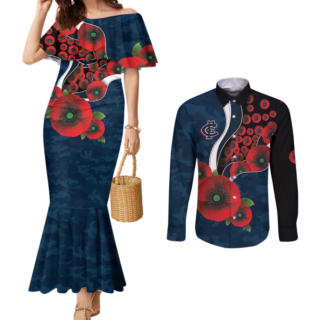 Carlton Blues ANZAC Personalised Couples Matching Mermaid Dress and Long Sleeve Button Shirt Lest We Forget Poppy Camo