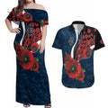 Carlton Blues ANZAC Personalised Couples Matching Off Shoulder Maxi Dress and Hawaiian Shirt Lest We Forget Poppy Camo