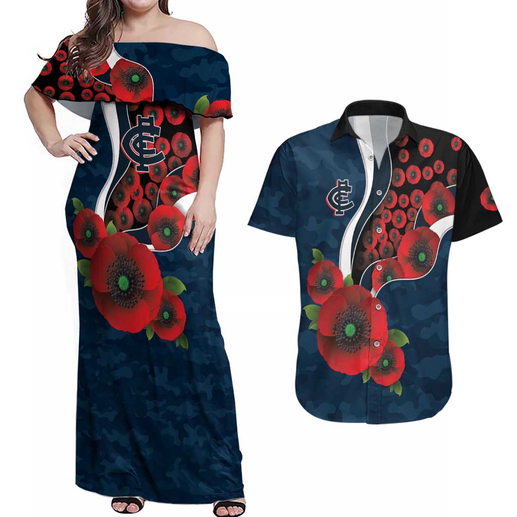 Carlton Blues ANZAC Personalised Couples Matching Off Shoulder Maxi Dress and Hawaiian Shirt Lest We Forget Poppy Camo
