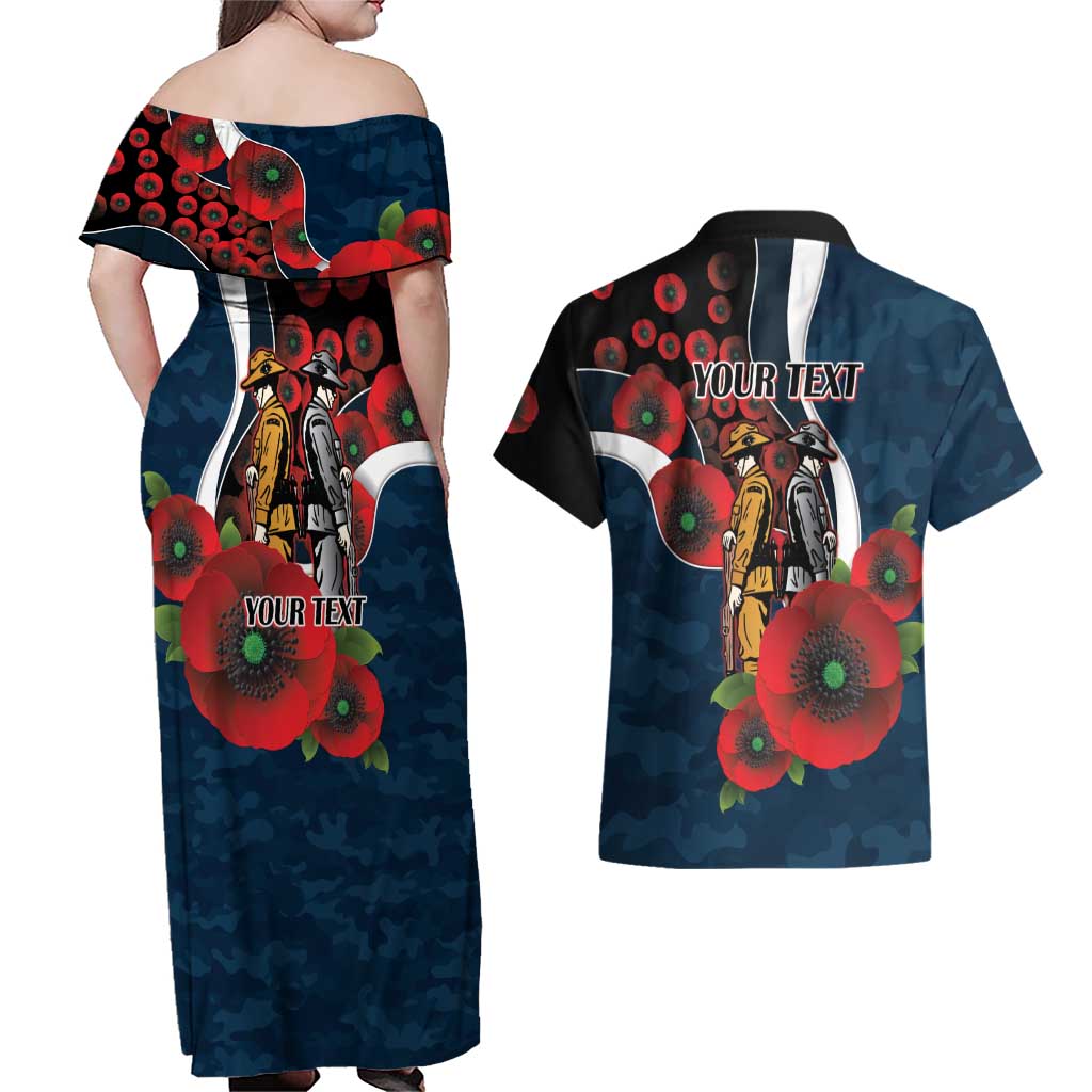 Carlton Blues ANZAC Personalised Couples Matching Off Shoulder Maxi Dress and Hawaiian Shirt Lest We Forget Poppy Camo