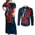 Carlton Blues ANZAC Personalised Couples Matching Off Shoulder Maxi Dress and Long Sleeve Button Shirt Lest We Forget Poppy Camo