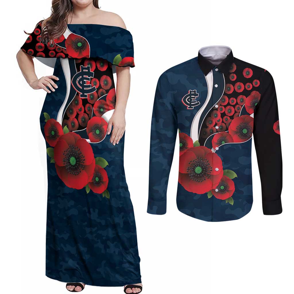 Carlton Blues ANZAC Personalised Couples Matching Off Shoulder Maxi Dress and Long Sleeve Button Shirt Lest We Forget Poppy Camo