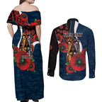 Carlton Blues ANZAC Personalised Couples Matching Off Shoulder Maxi Dress and Long Sleeve Button Shirt Lest We Forget Poppy Camo