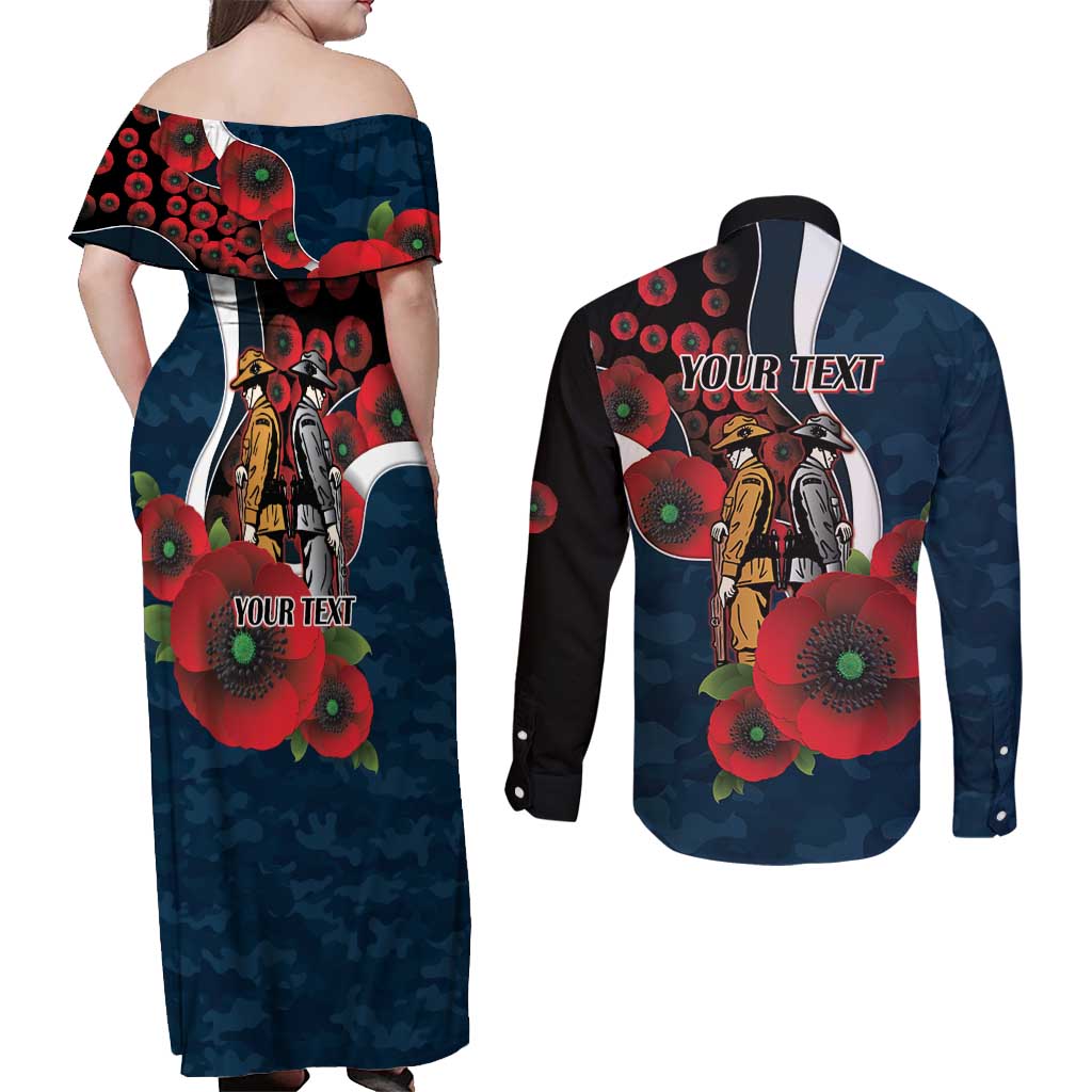 Carlton Blues ANZAC Personalised Couples Matching Off Shoulder Maxi Dress and Long Sleeve Button Shirt Lest We Forget Poppy Camo