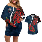 Carlton Blues ANZAC Personalised Couples Matching Off Shoulder Short Dress and Hawaiian Shirt Lest We Forget Poppy Camo