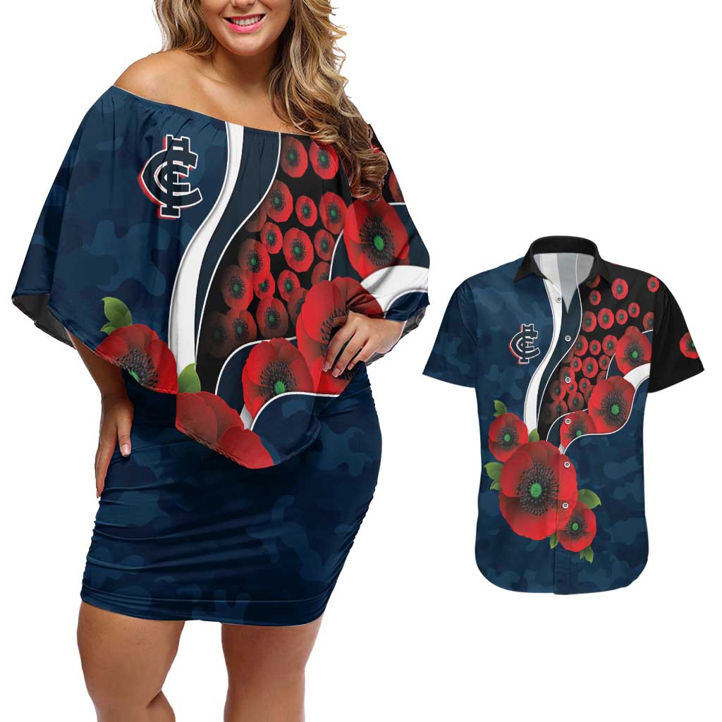 Carlton Blues ANZAC Personalised Couples Matching Off Shoulder Short Dress and Hawaiian Shirt Lest We Forget Poppy Camo