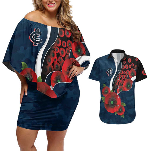 Carlton Blues ANZAC Personalised Couples Matching Off Shoulder Short Dress and Hawaiian Shirt Lest We Forget Poppy Camo