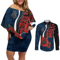 Carlton Blues ANZAC Personalised Couples Matching Off Shoulder Short Dress and Long Sleeve Button Shirt Lest We Forget Poppy Camo